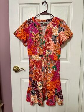 LOFT Floral Patchwork V-Neck Short Sleeve Dress in Pink & Orange